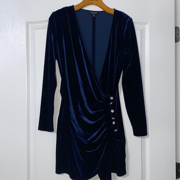 TOPSHOP Blue Velvet Drape Button Mini Cocktail Dress - Picture 4 of 5